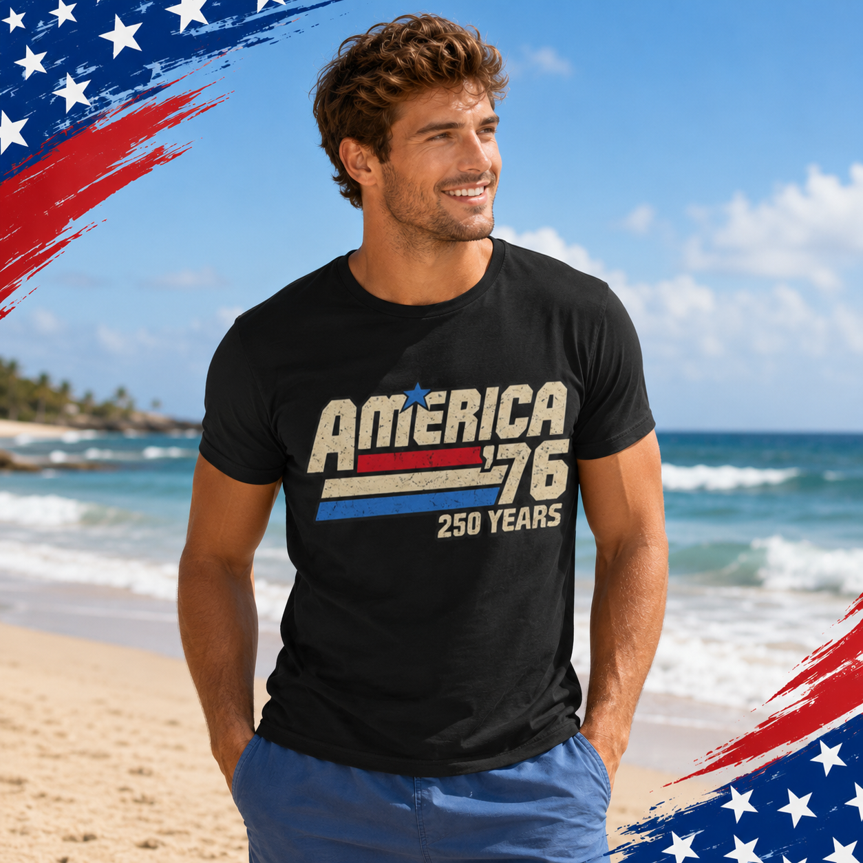 Man wearing a black t-shirt with 'America '76' design on a beach with an American flag background.