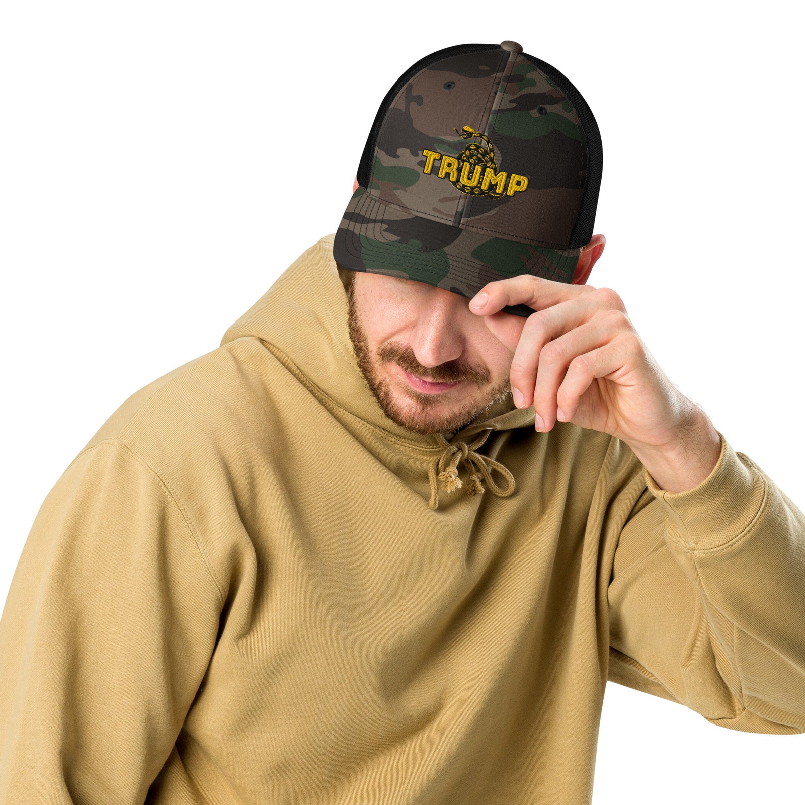 TRUMP Gadsden Snake Camo Trucker Hat – Don’t Tread on MAGA!