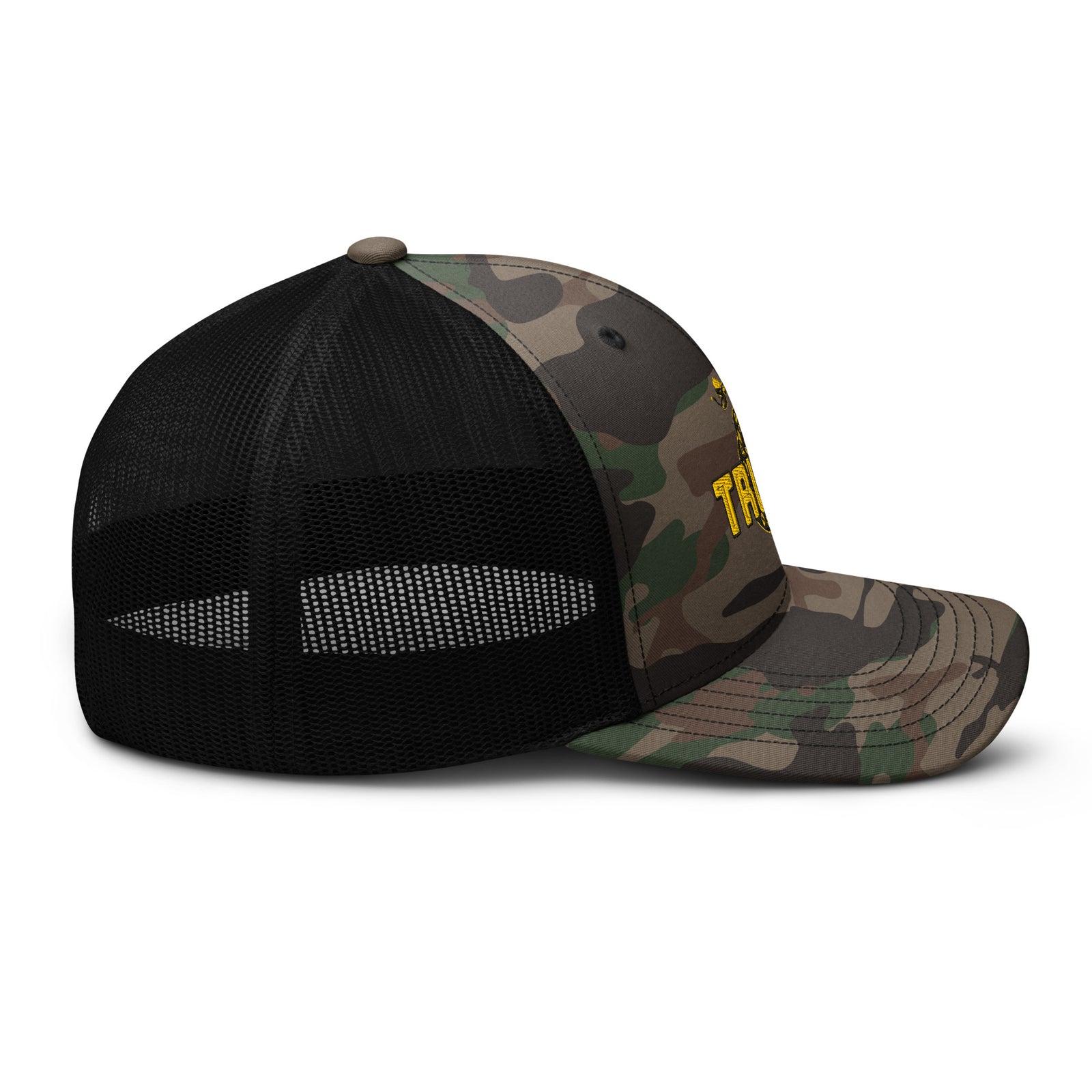 TRUMP Gadsden Snake Camo Trucker Hat – Don’t Tread on MAGA!