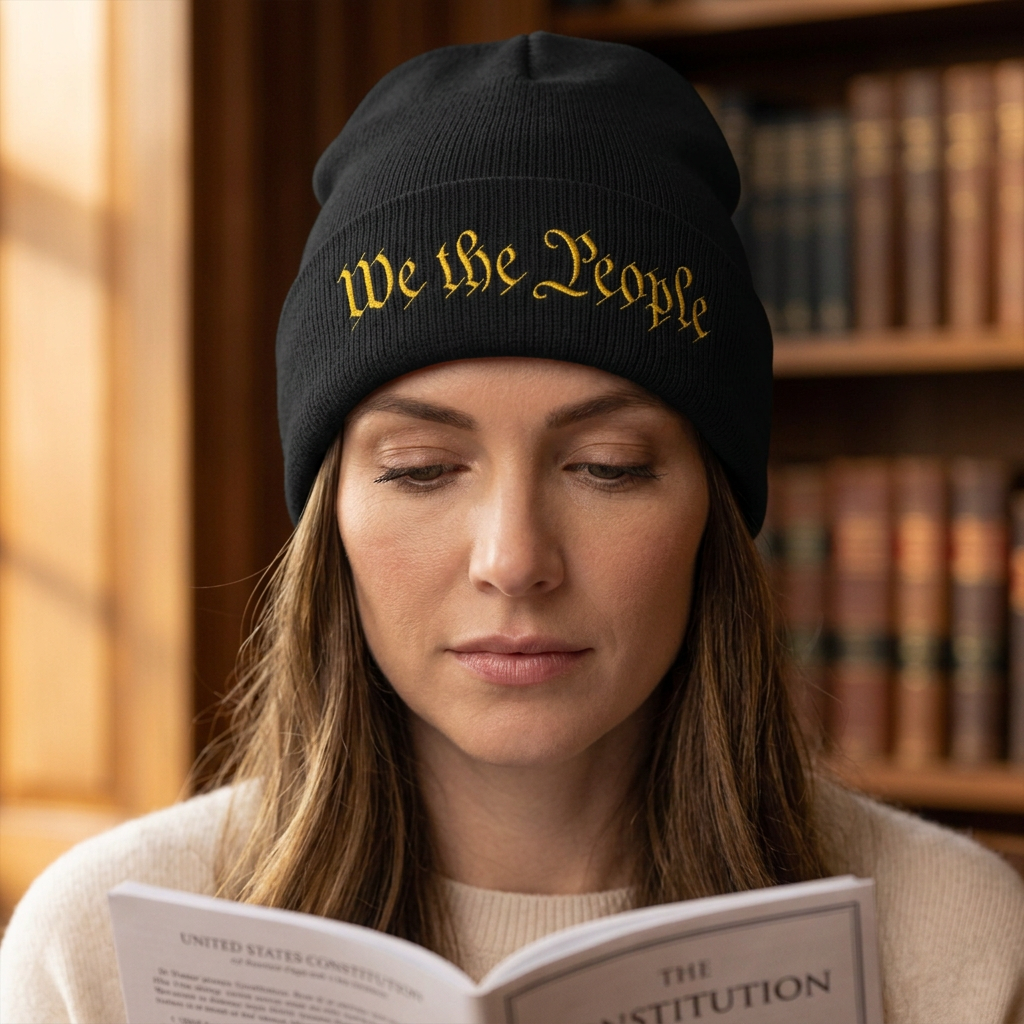 Centered close-up of the woman wearing the We the People beanie