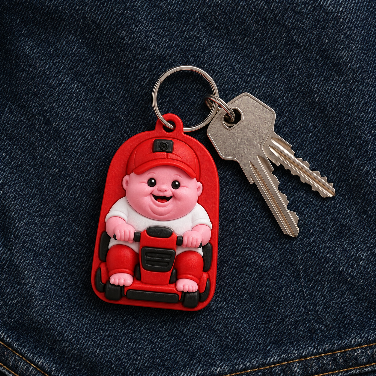 Digital lifestyle mockup — Chudley keychain with styling keys on denim; keys not included