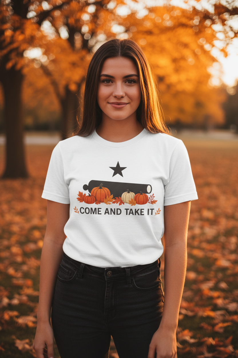 Come and Take It Pumpkin Tee — Female Fall Lifestyle