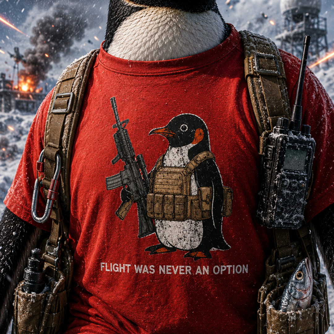 Penguin Tactical Tee — "Flight Was Never An Option" Military Humor T-Shirt