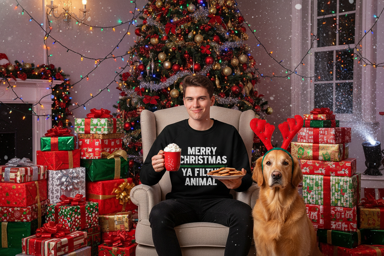 Merry Christmas Ya Filthy Animal Sweatshirt Lifestyle Photo