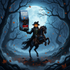 Headless Horseman on a black horse holding a box of Sleepy Hollow Spice pumpkin coffee in a moonlit forest