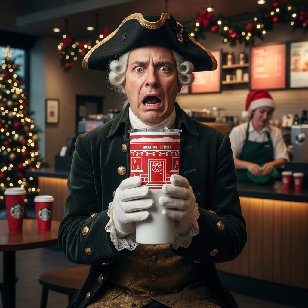 Taxation Is Theft Holiday Mug - Graphic Prominently Displayed with Colonial Tax Collector