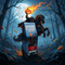 Flaming jack-o-lantern Headless Horseman on a rearing black horse holding an oversized box of Sleepy Hollow Spice pumpkin coffee