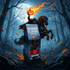 Flaming jack-o-lantern Headless Horseman on a rearing black horse holding an oversized box of Sleepy Hollow Spice pumpkin coffee