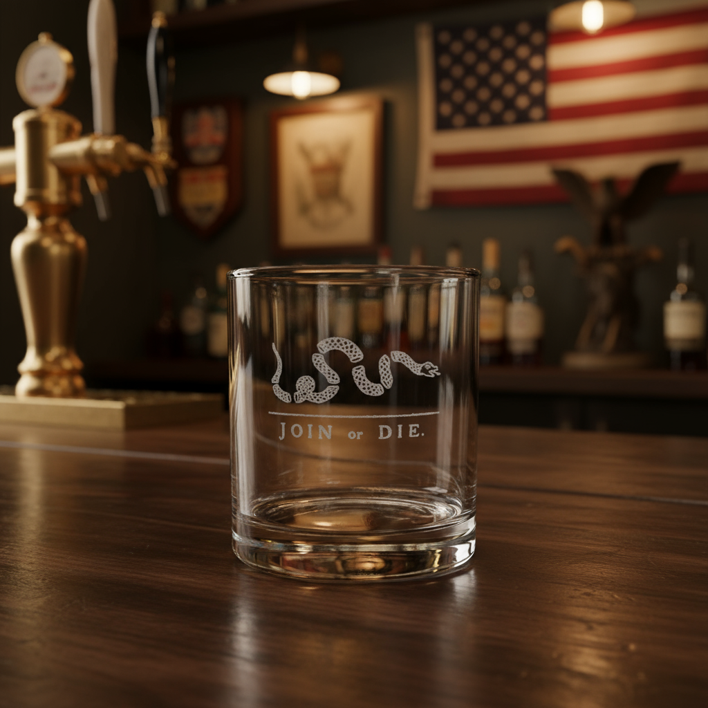 Join or Die whiskey glass close-up on bar