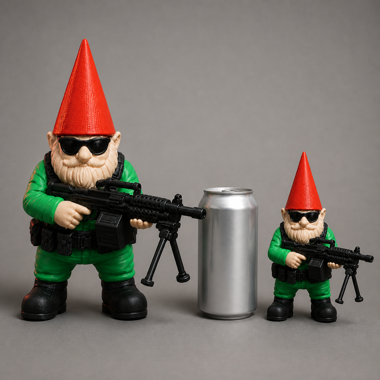 Large and medium Liberty Reaper gnomes beside a standard 12-ounce can for scale