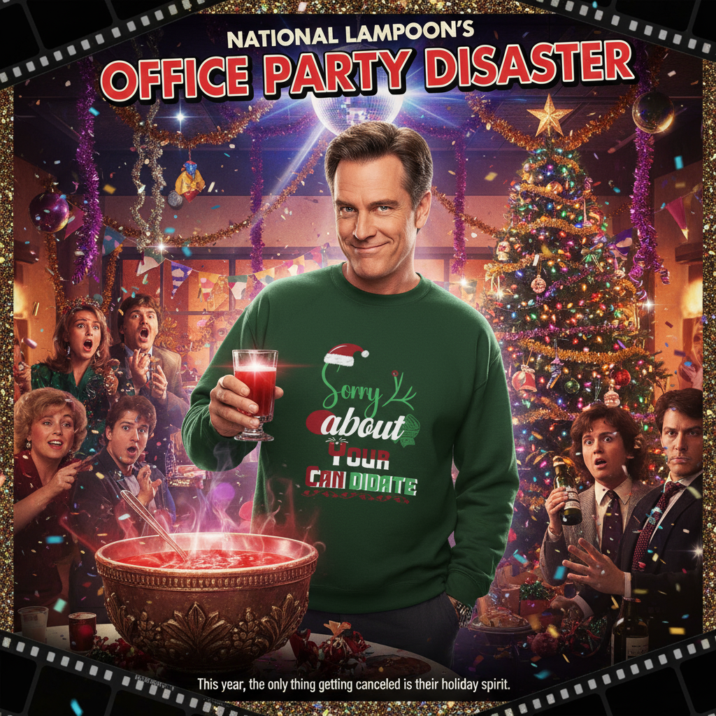 National Lampoon's style office holiday party troublemaker wearing Sorry About Your Candidate sweatshirt