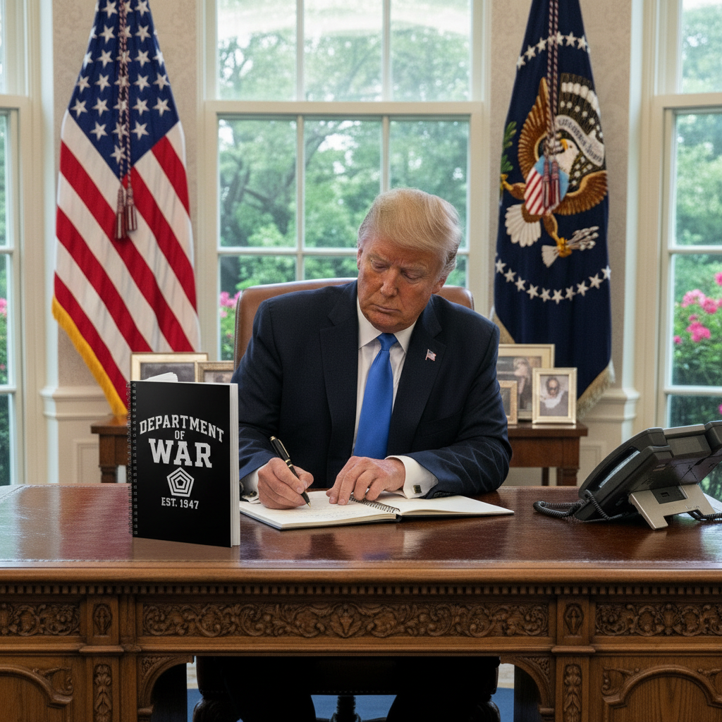 Trump writing in Department of War notebook - closer view
