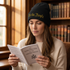Woman reading the Constitution while wearing the black We the People embroidered beanie