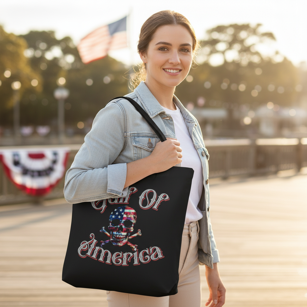 Woman wearing Gulf of America Skull Tote Bag on shoulder
