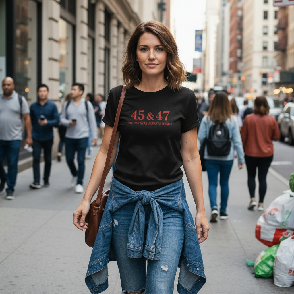 Woman wearing Trump Was Always Right shirt closer to camera