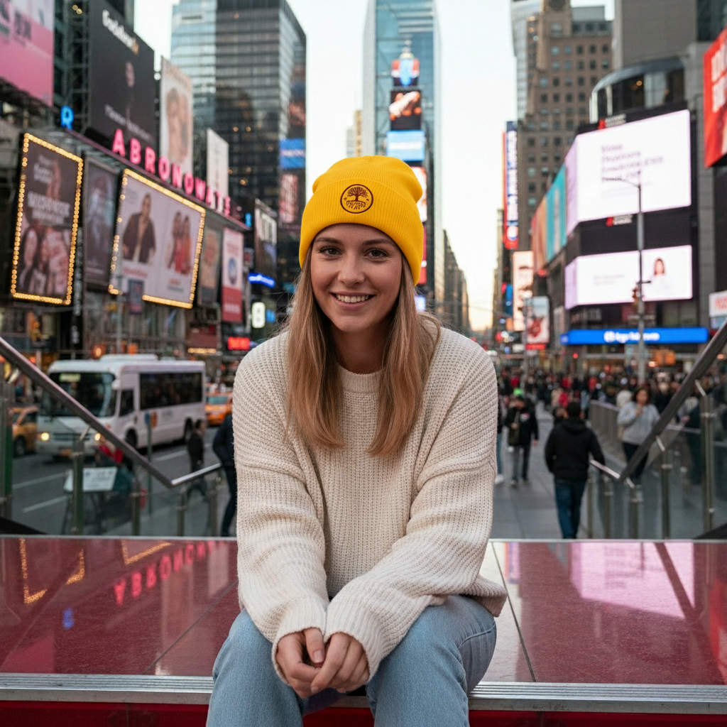 Woman wearing yellow Liberty Roots 1776 beanie on Times Square red stairs