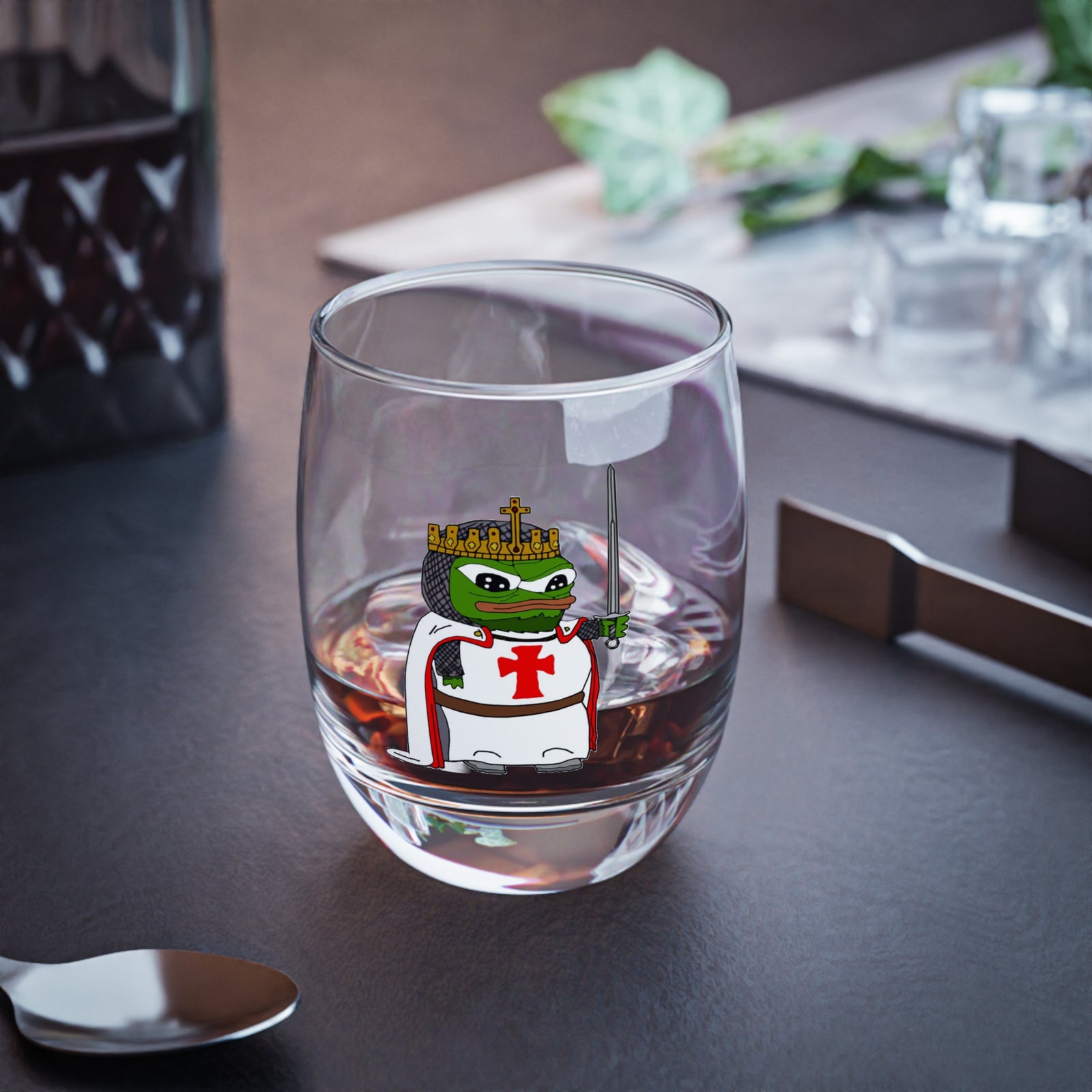 Pepe the Crusader Knight Whiskey Glass - Deus Vult Rocks Glass