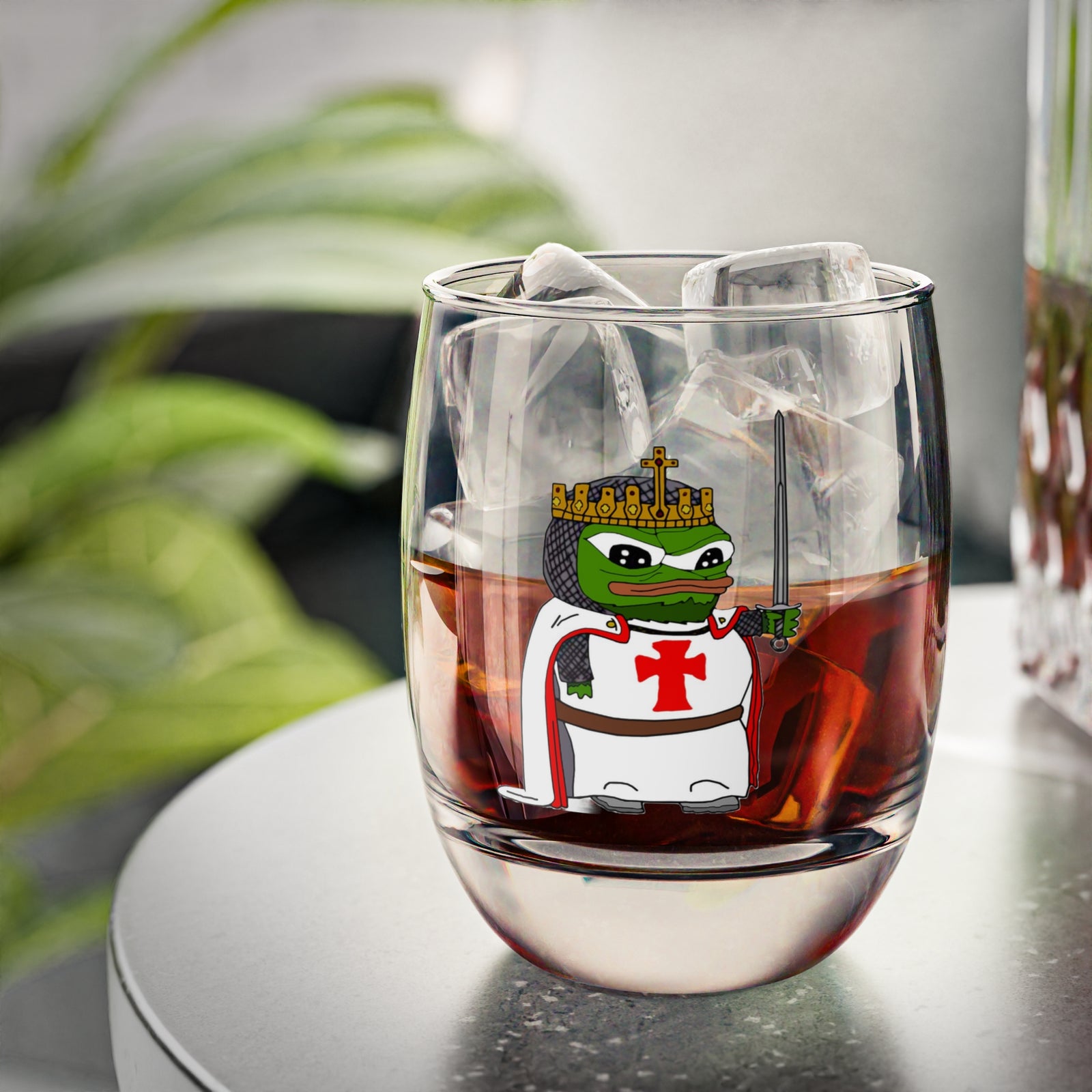 Pepe the Crusader Knight Whiskey Glass - Deus Vult Rocks Glass
